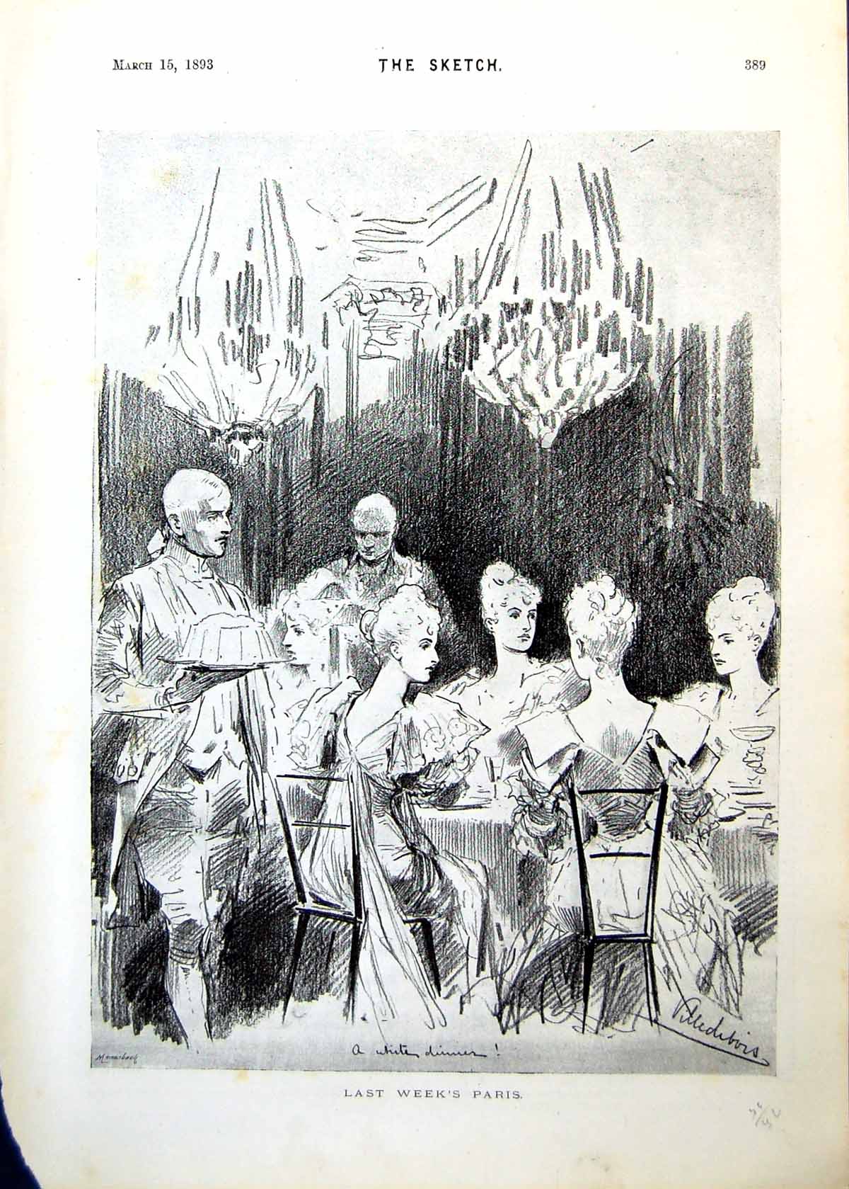 Antique Old Print Paris Diners Waiters Chandeliers Sandgate Landslips 1893