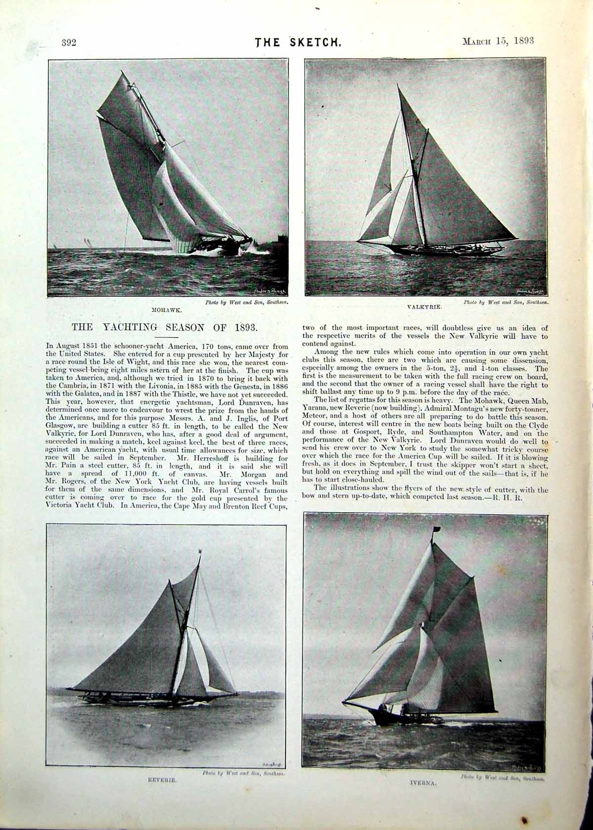 Antique Old Print Yachting Season Mohawk Valkyrie Reverie Iverna Yachts 1893
