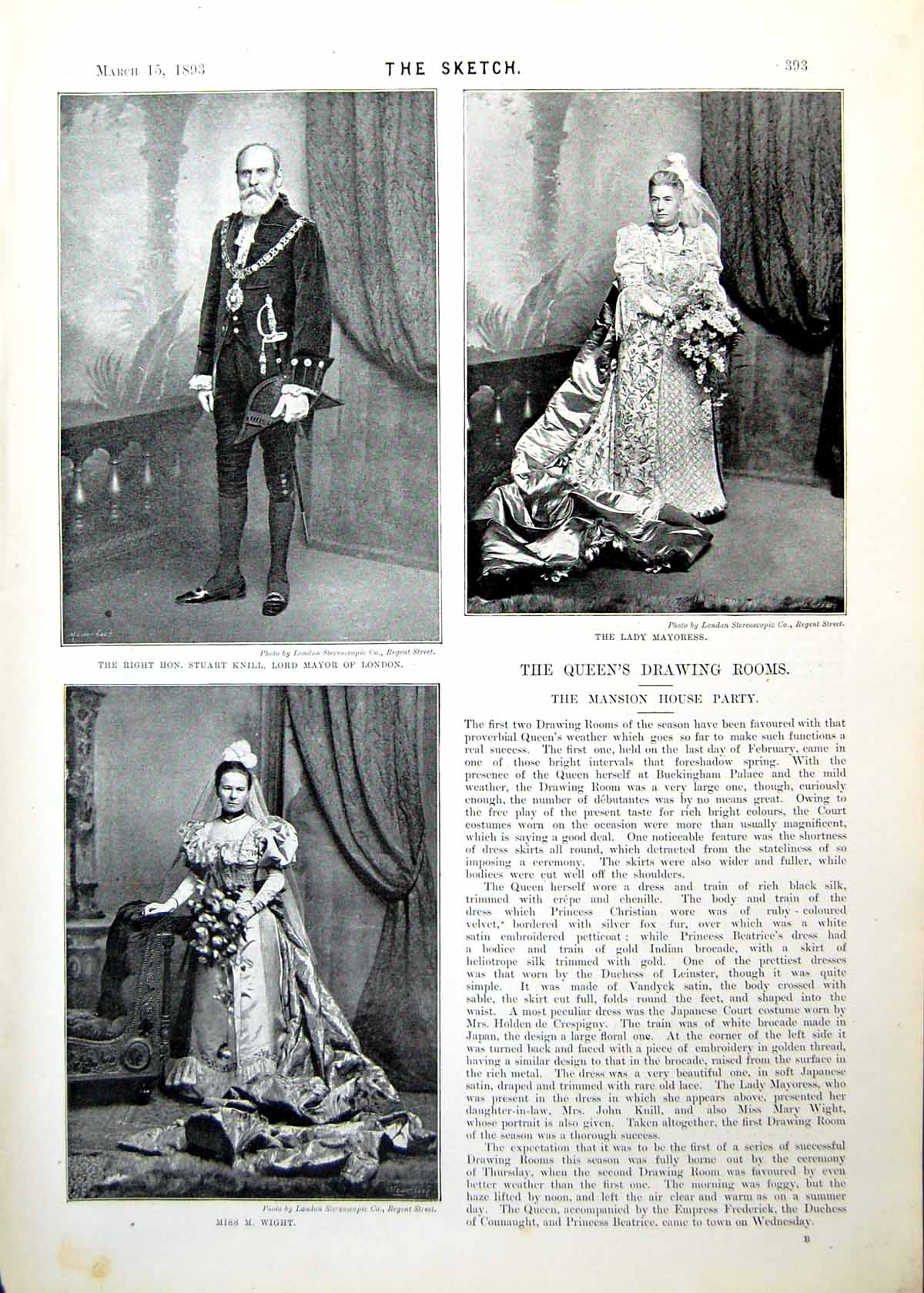 Antique Print Stuart Knill Lord Mayor London Lady Mayoress Miss Wight 1893 19th