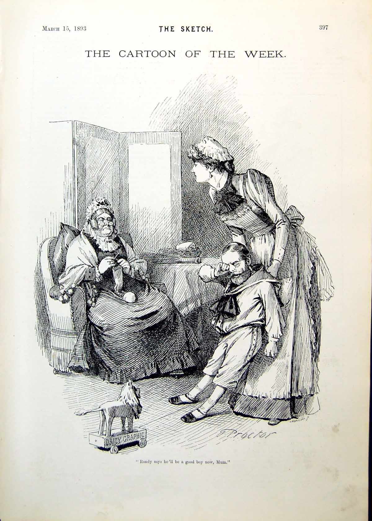 Old Cartoon Man Sailor Suit Elderly Lady Maid Parliament Sketch 1893Victorian