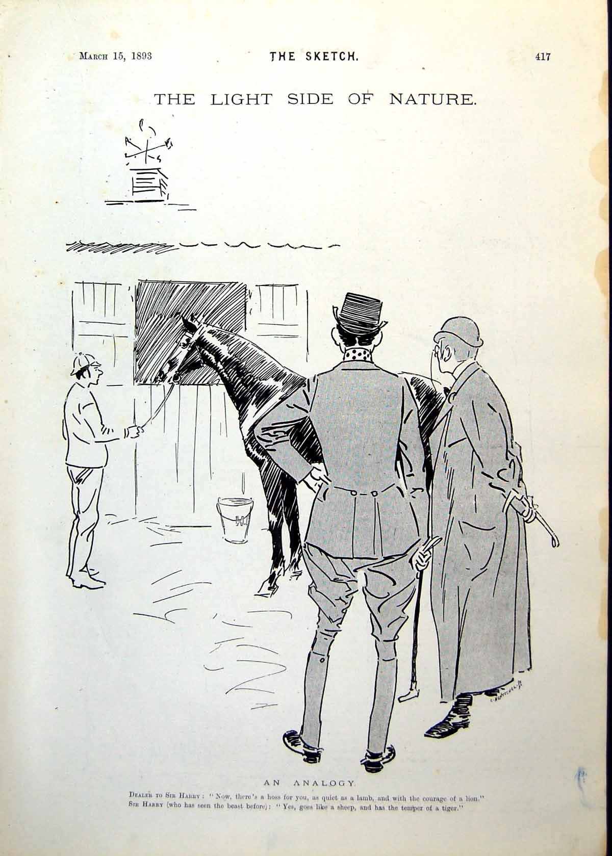 Old Antique Print Gentlemen Stableman Horse Analogy Gents Drinking 1893 19th