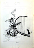 Old Print Music C-Shaped Harp Cat Lass Lady Drinks Coffee Man Paper 1893 19th