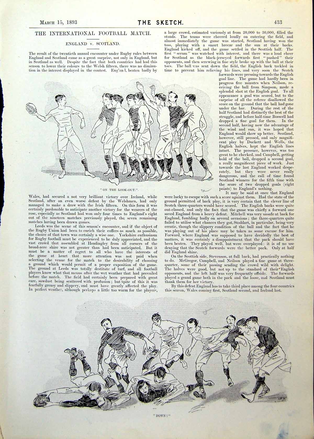 Old Print England V Scotland Football Arthur J Gould Famous Player 1893 19th