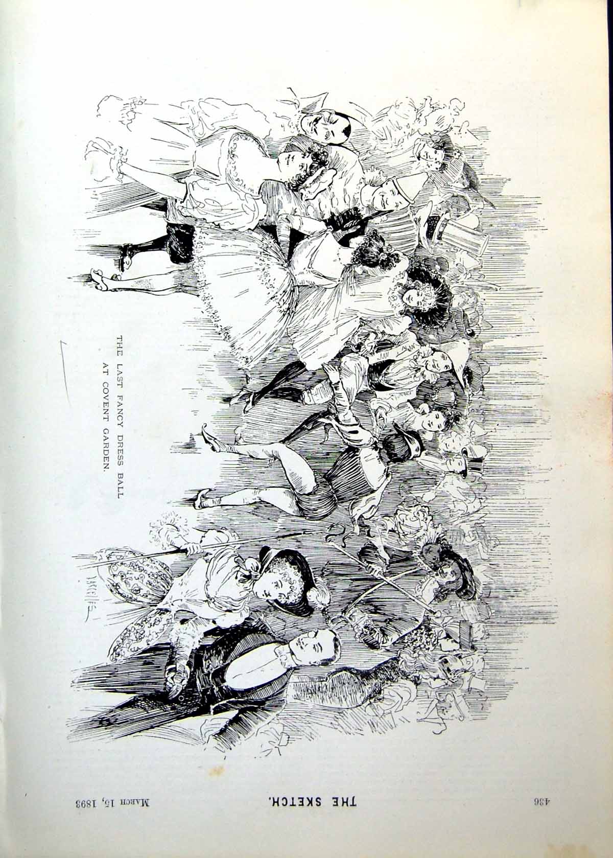 Old Antique Print Last Fancy Dress Ball Covent Garden Hats Costumes 1893 19th