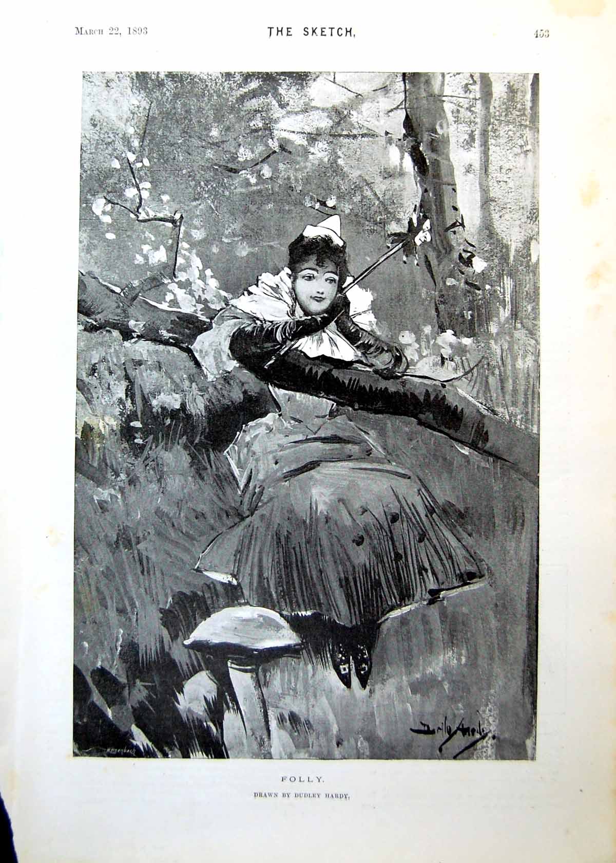 Antique Print Folly Dudley Hardy Young Lady Seated Outdoors Toadstool 1893 19th