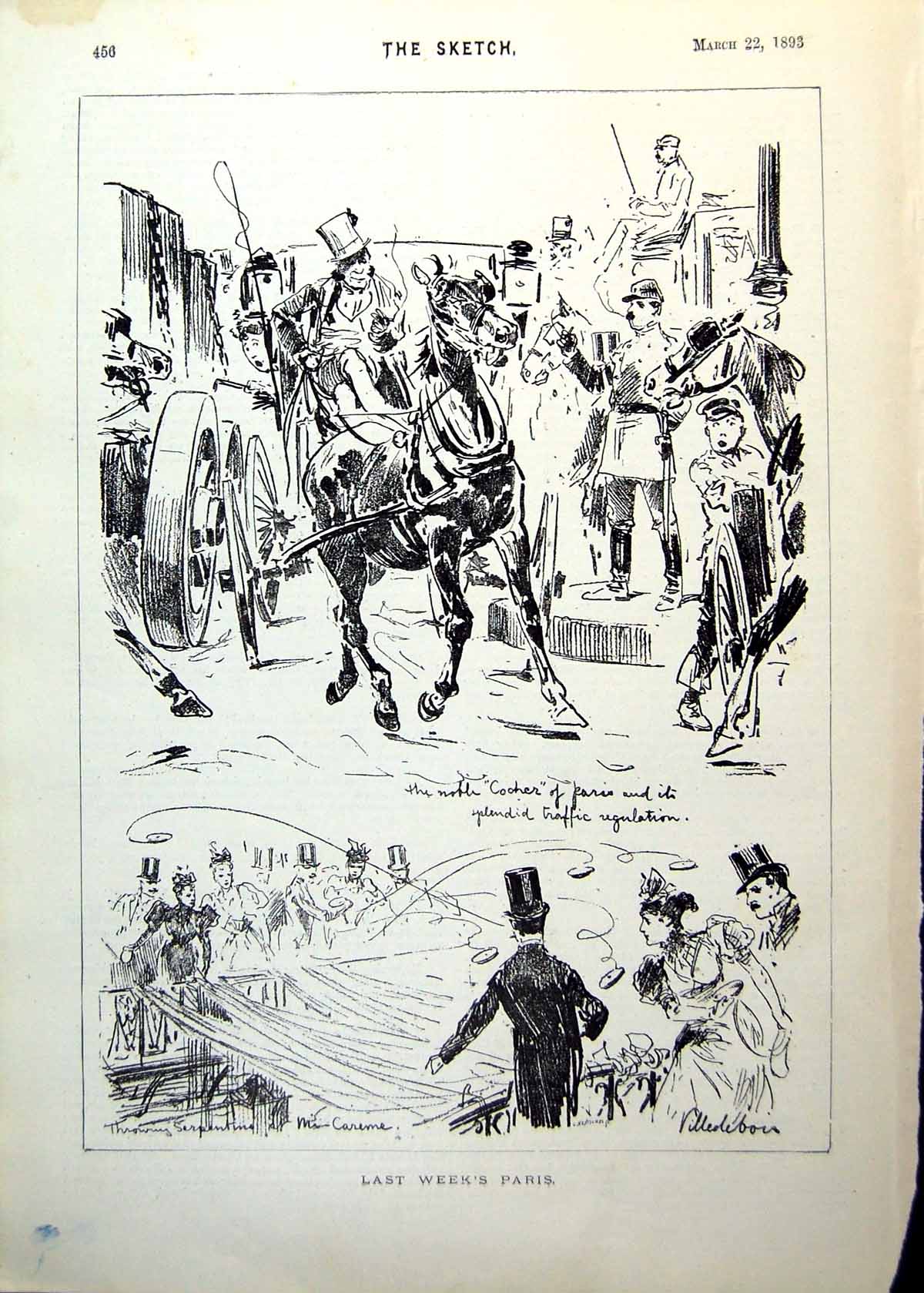 Old Print Last Week'S Paris Traffic Regulation Horses Coaches Ribbon 1893 19th