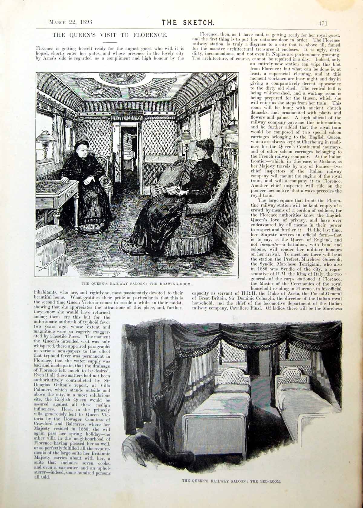 Antique Old Print Queen'S Visit Florence Railway Saloon Views Florence 1893