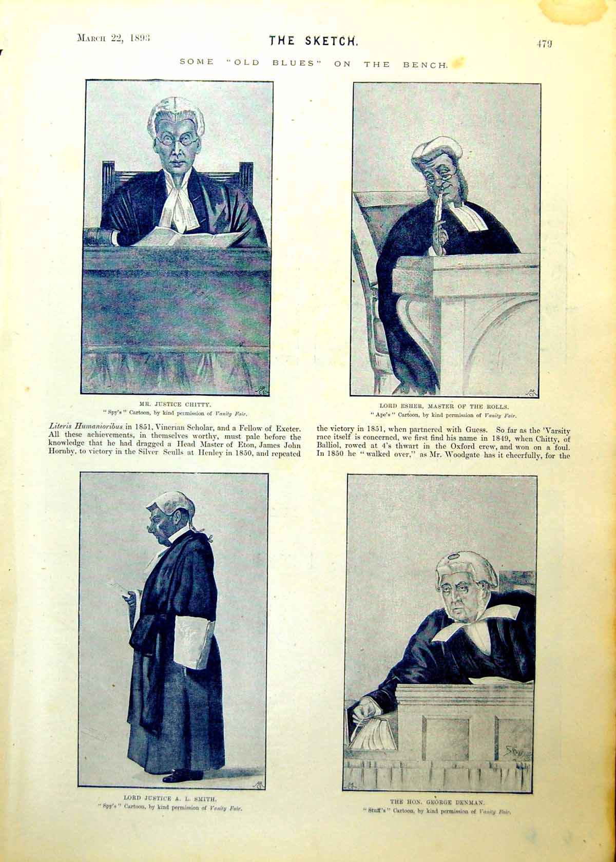 Antique Old Print Blues Bench Chitty Esher Denman Hammersmith Bridge 1893 19th