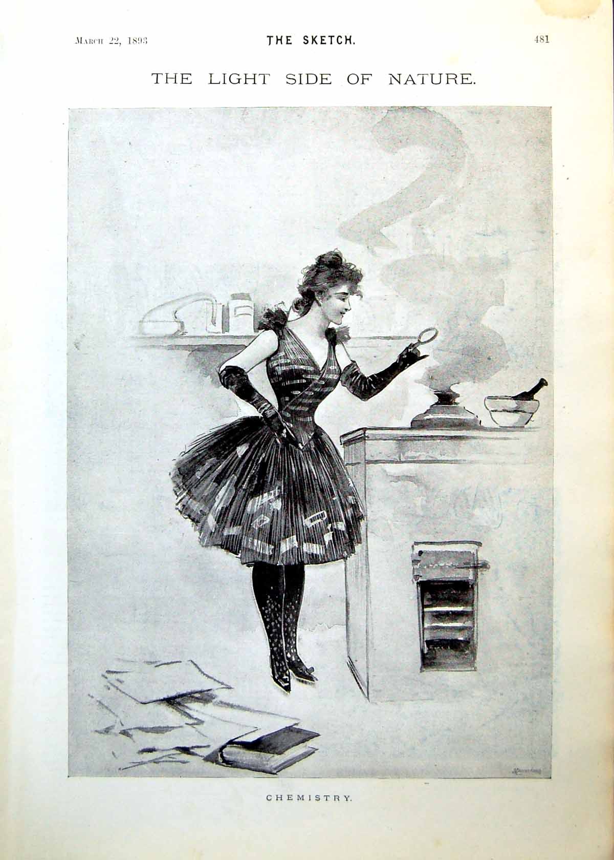 Antique Print Chemistry Lady Dress Long Gloves Wheel Woe Dog Cartoon 1893 19th