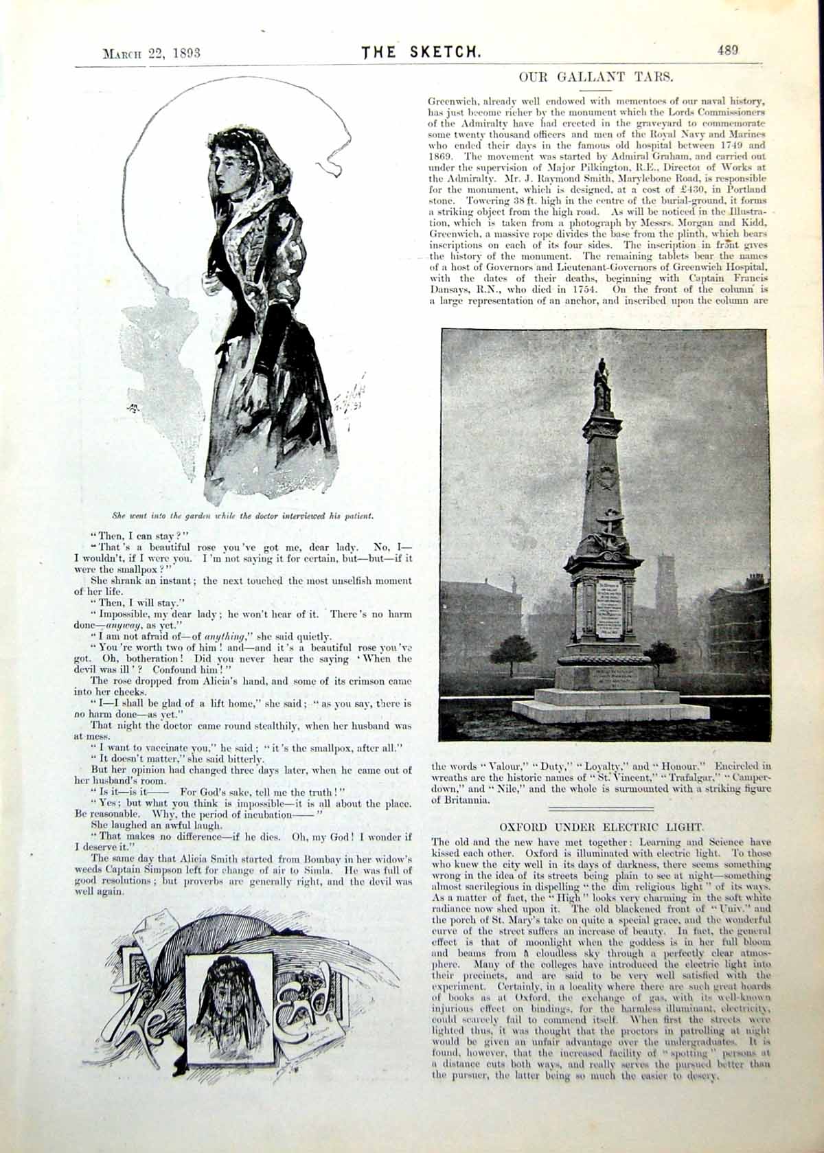Old Print Beautiful Lady War Memorial Greenwich Parliament Sketches 1893 19th