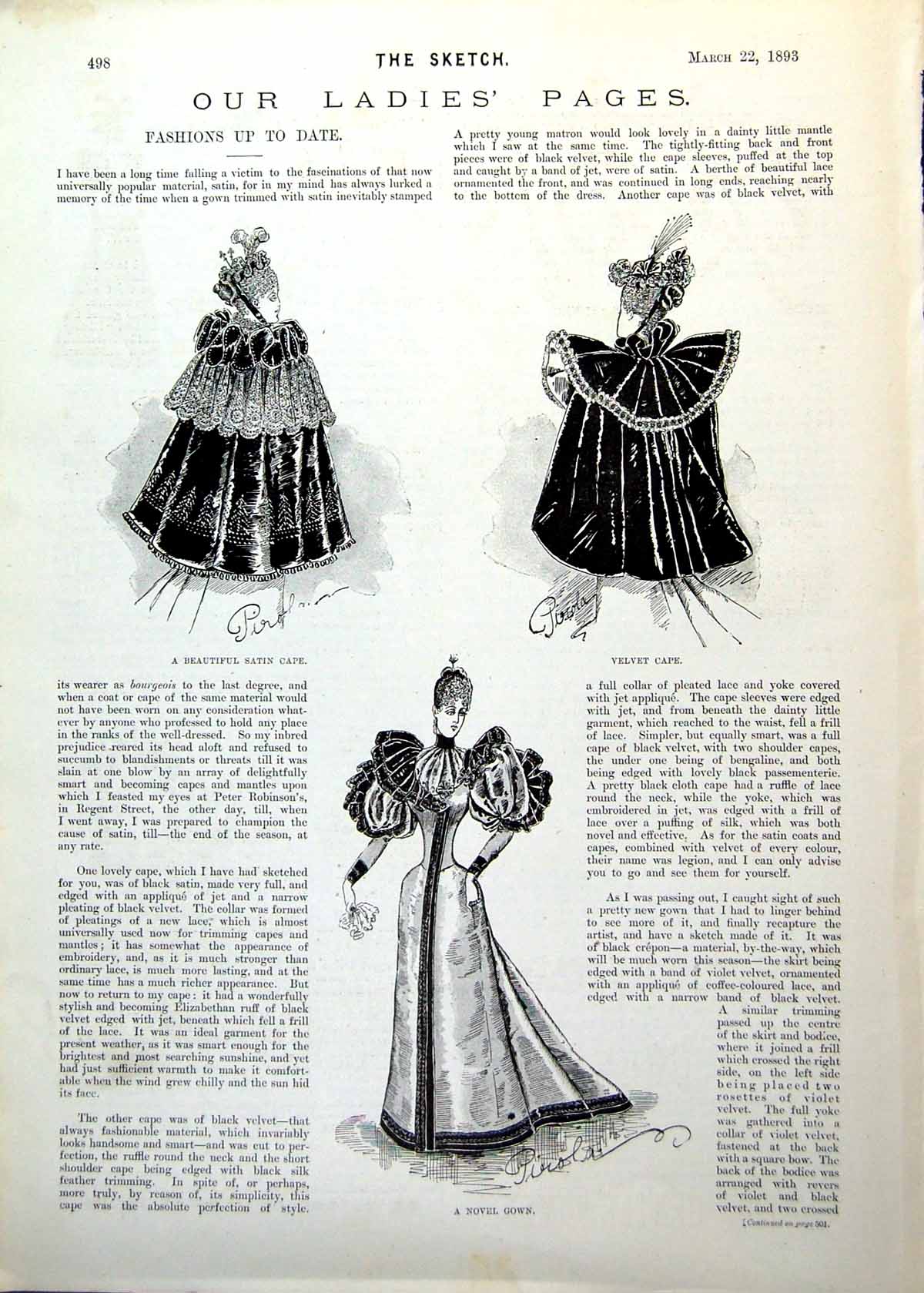 Antique Print Ladies Pages Beautiful Satin Cape Velvet Novel Gown Lady 1893