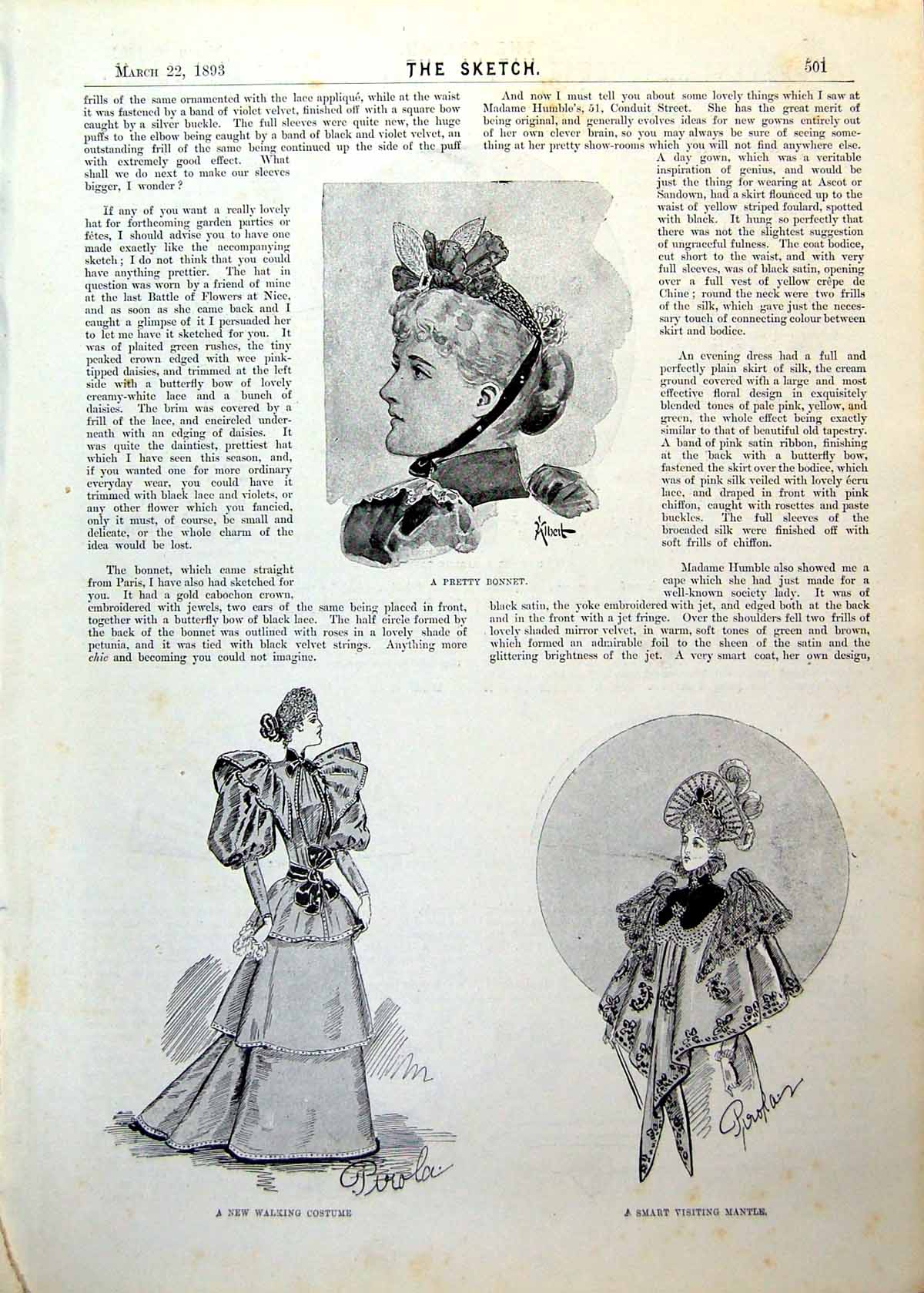 Antique Print Pretty Bonnet Walking Costume Visiting Mantle Hat Fans 1893 19th