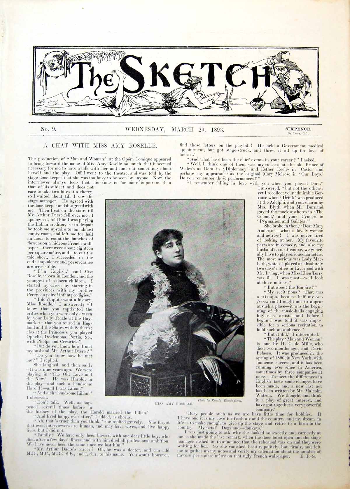 Antique Old Print Amy Roselle Opera Comique Interview Man Woman Moore 1893