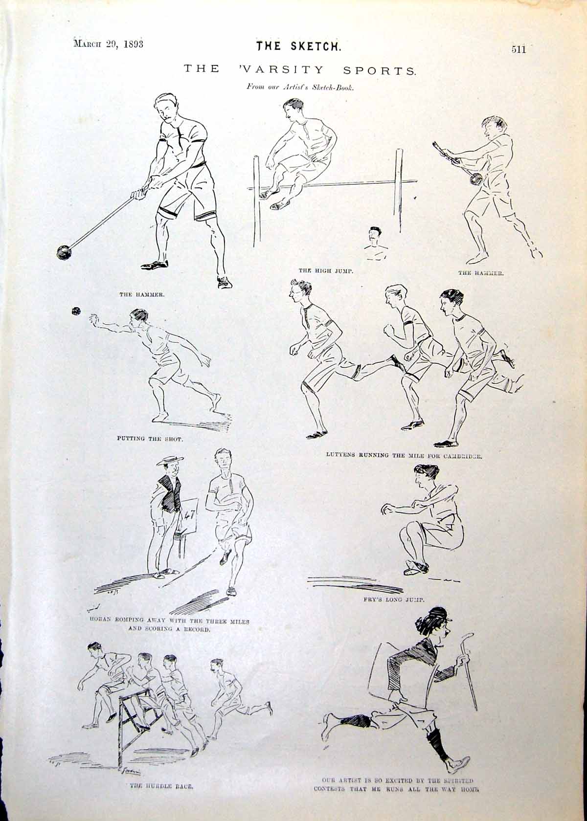 Antique Print Varsity Sports Hurdles Hammer Shot Sketches Paris Horse 1893