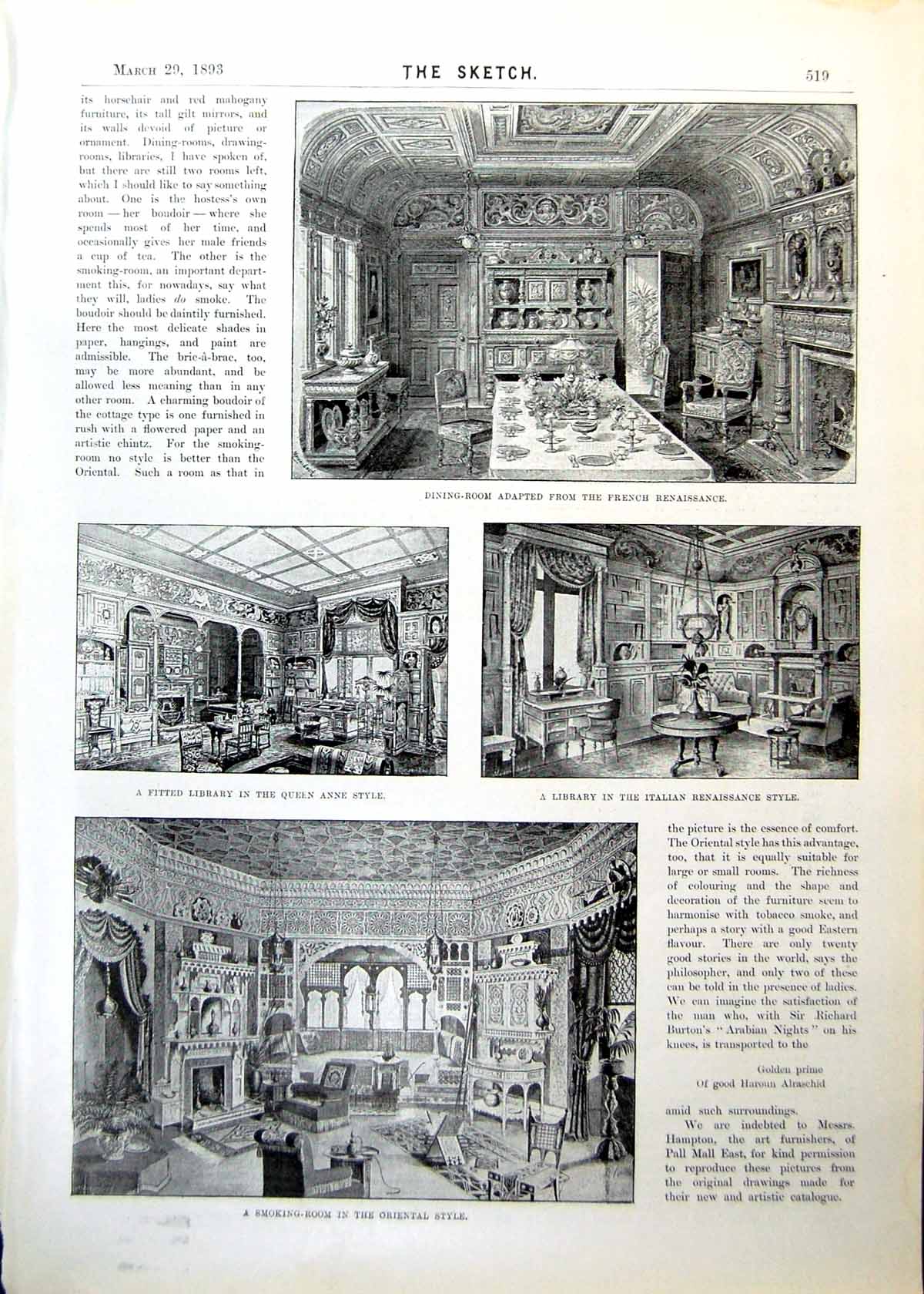 Antique Old Print Room Adaptations French Renaissance Queen Anne Italian 1893