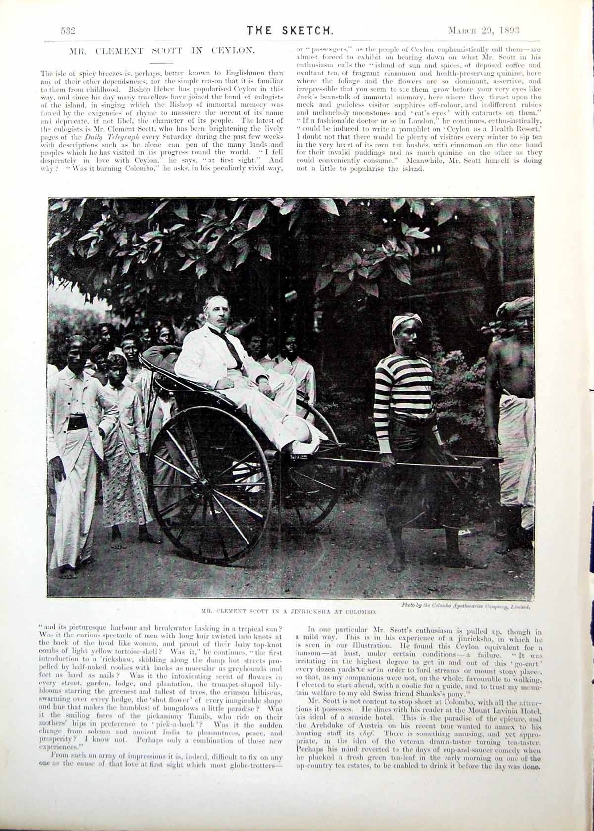 Antique Old Print Mr Clement Scott Jinricksha Columbo Ceylon Onlookers 1893