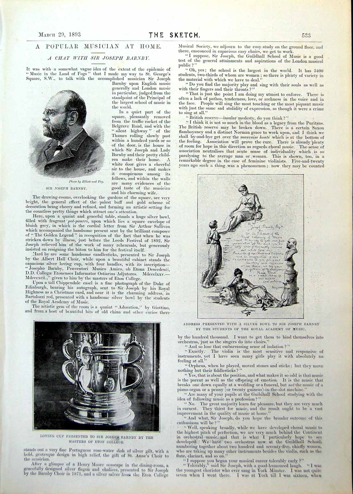 Antique Old Print Joseph Barnby Loving Cup Address Chalice Candlesticks 1893
