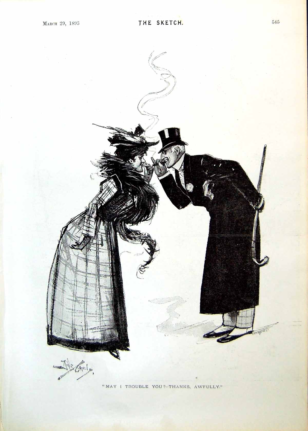 Old Print Lady Lighting Cigarette Gents Cigar Runaway Horse Seaside 1893 19th