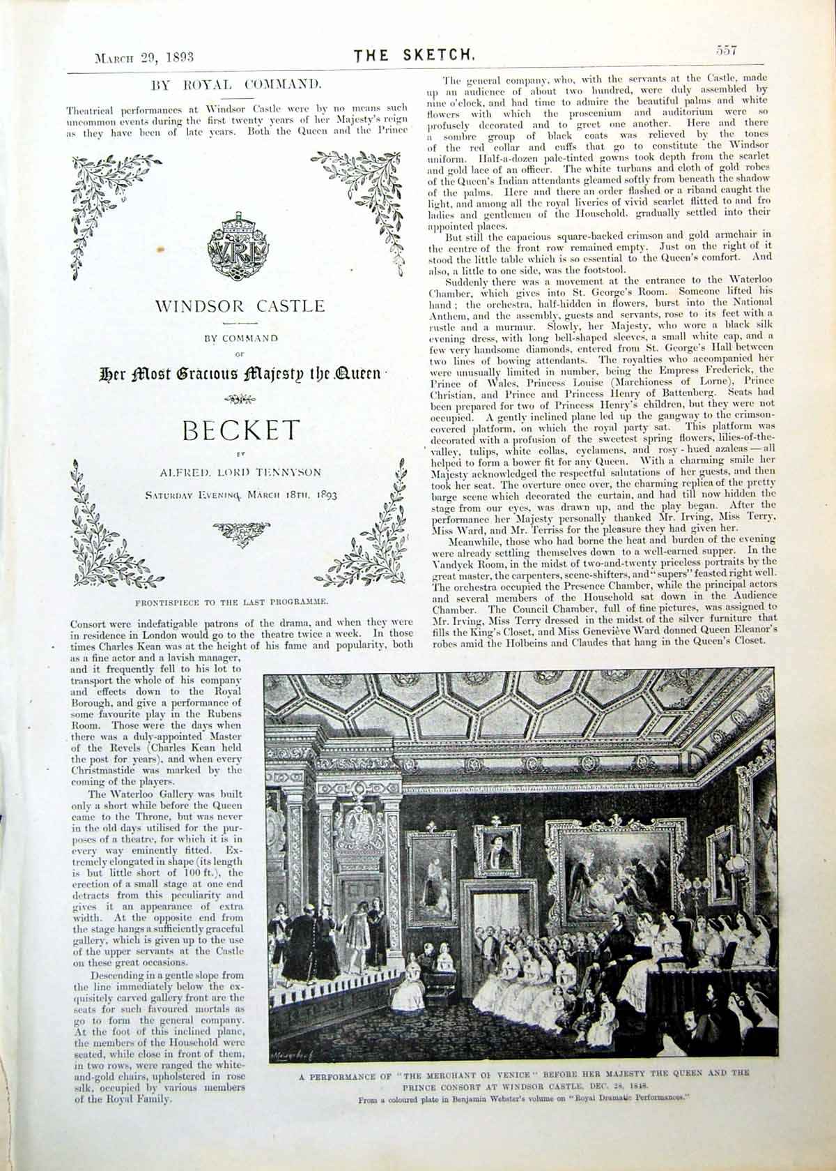 Original Old Antique Print Royal Command Performance Windsor Castle Becket 1893