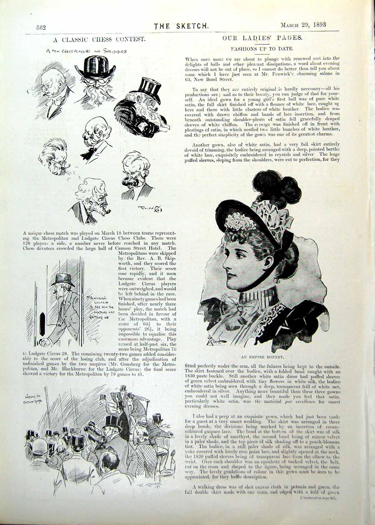Old Print Chess Contest Players Spectators Ladies Page Empire Bonnet 1893 19th