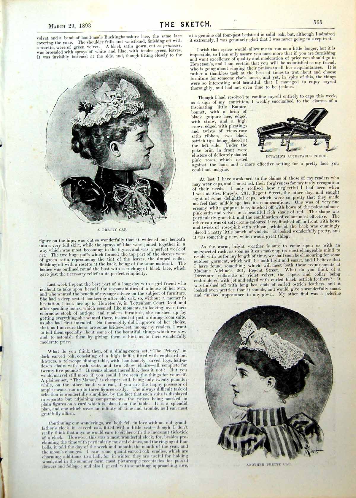 Antique Print Invalid Adjustable Couch Caps Victoria Bath Chair Pram 1893 19th