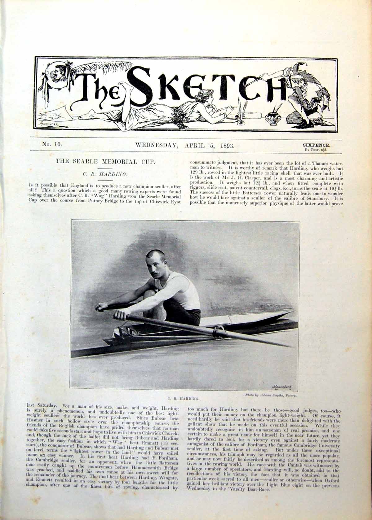 Antique Print Searle Memorial Cup Cr Harding Sculler Portrait In Boat 1893 19th