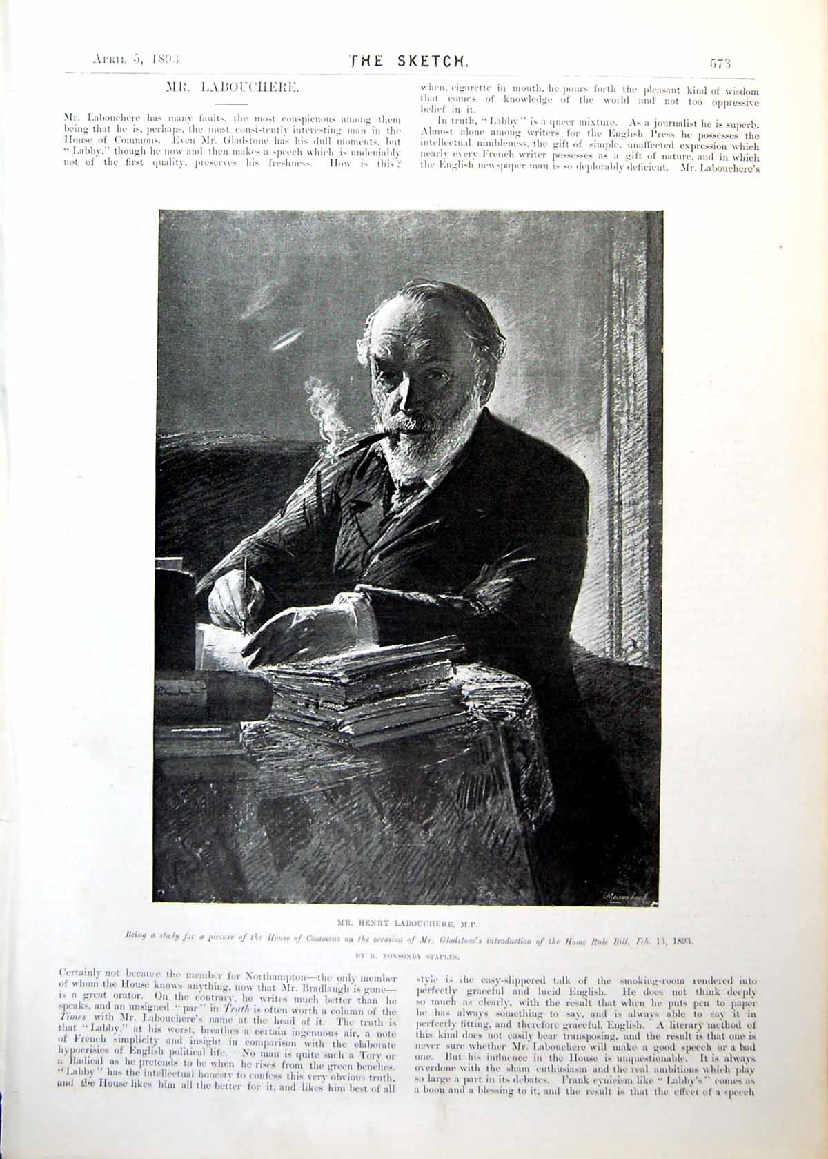 Original Old Antique Print Mr Henry Labouchere Mp Study For House Commons 1893