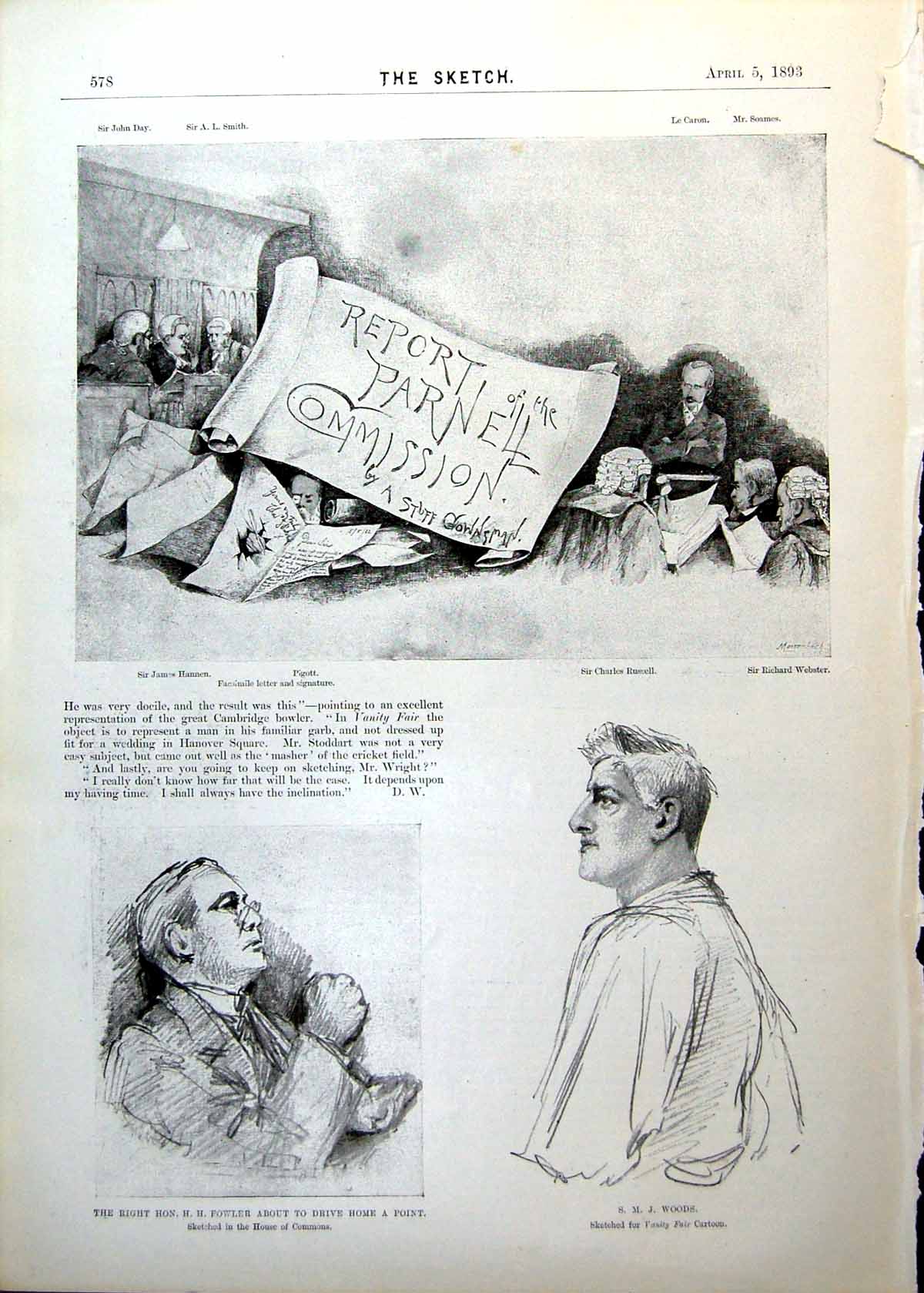 Antique Old Print Report Parnell Commission Sketches H Wright Welsh Mp 1893