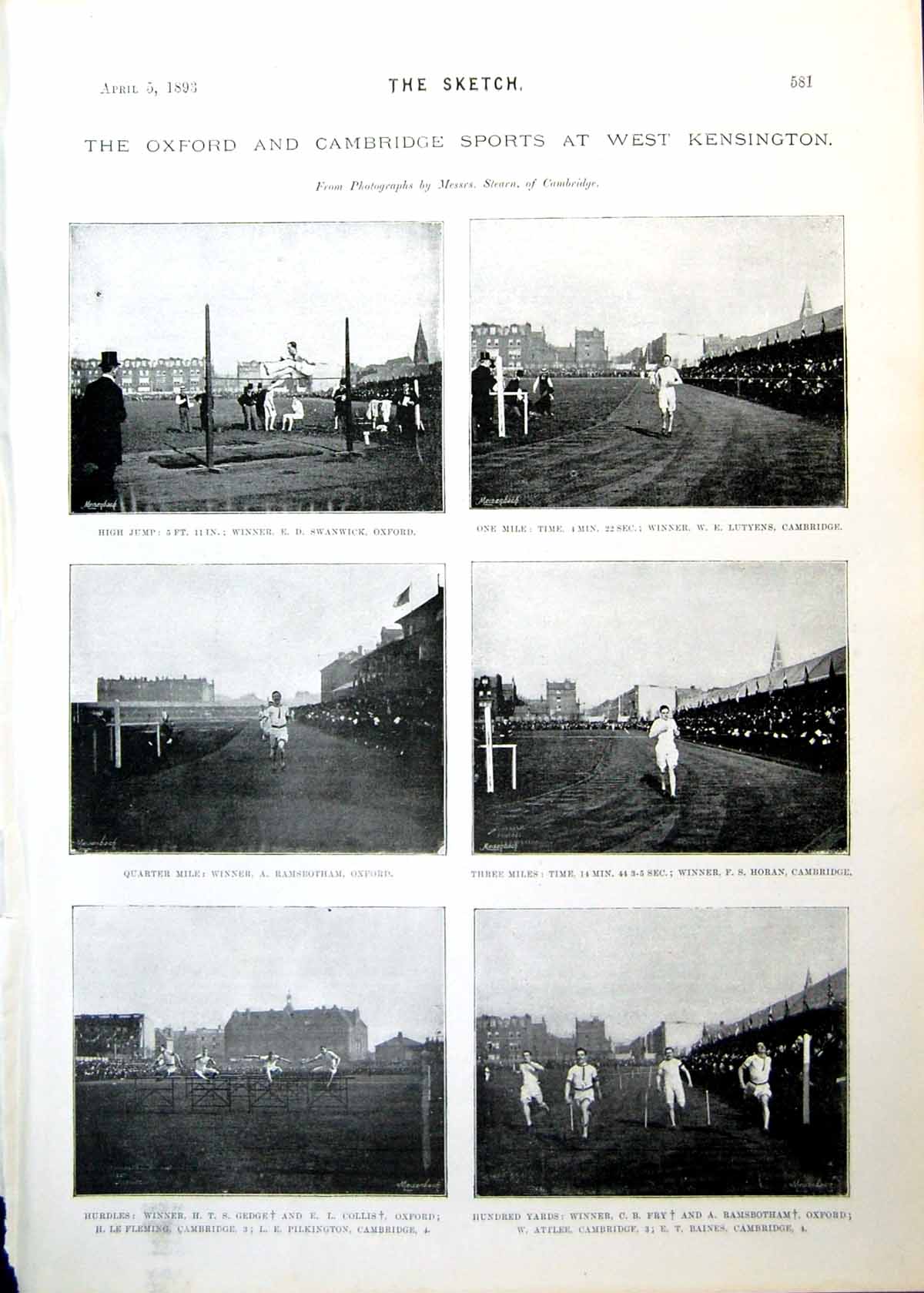 Antique Old Print Oxford Cambridge Sports W Kensington High Jump Running 1893