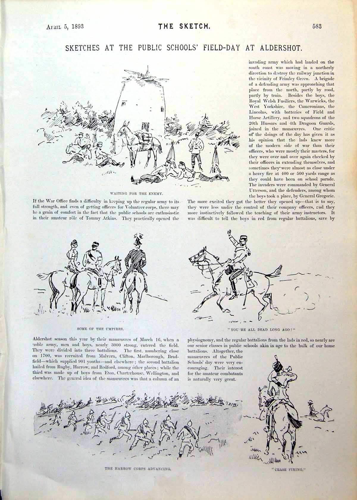 Old Antique Print Sketches Public Schools Field Day Aldershot Horses 1893 19th