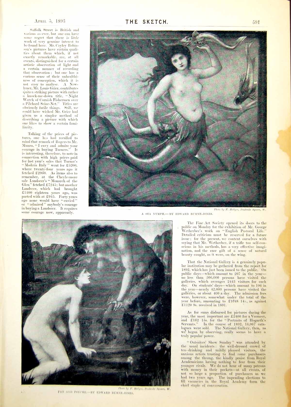 Antique Old Print Art Sea Nymph Pan Psyche Penstone Dalas Mill Figure 1893