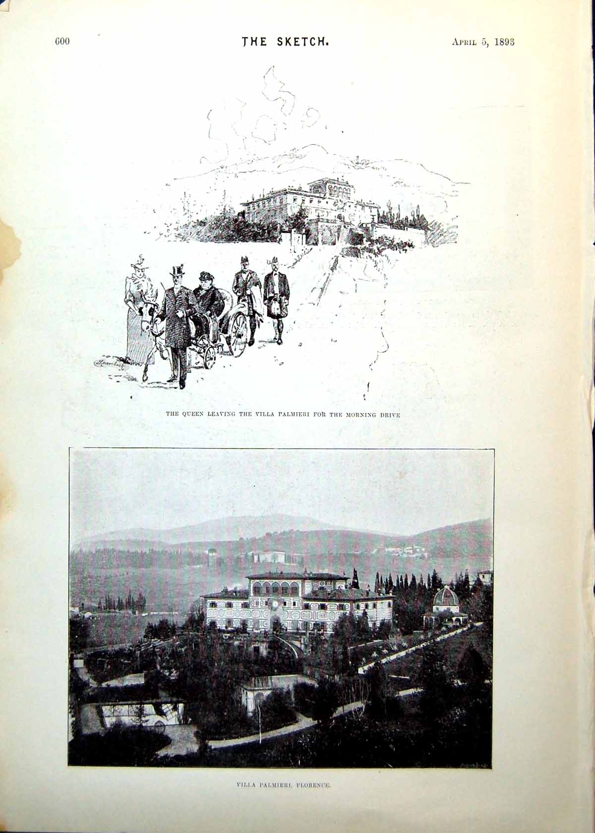 Old Print Queen Leaving Villa Palmieri Horse Cart Florence Boudoir 1893 19th