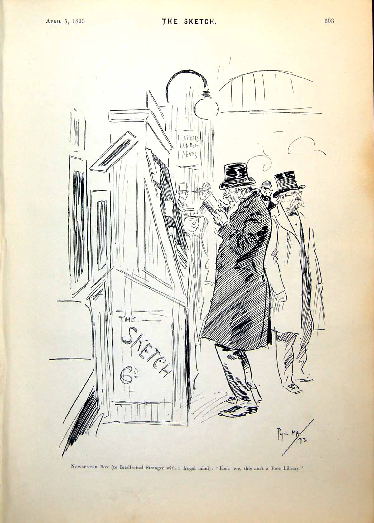 Antique Print Newspaper Boy Stand Customer Browsing Umbrella Cartoon 1893 19th