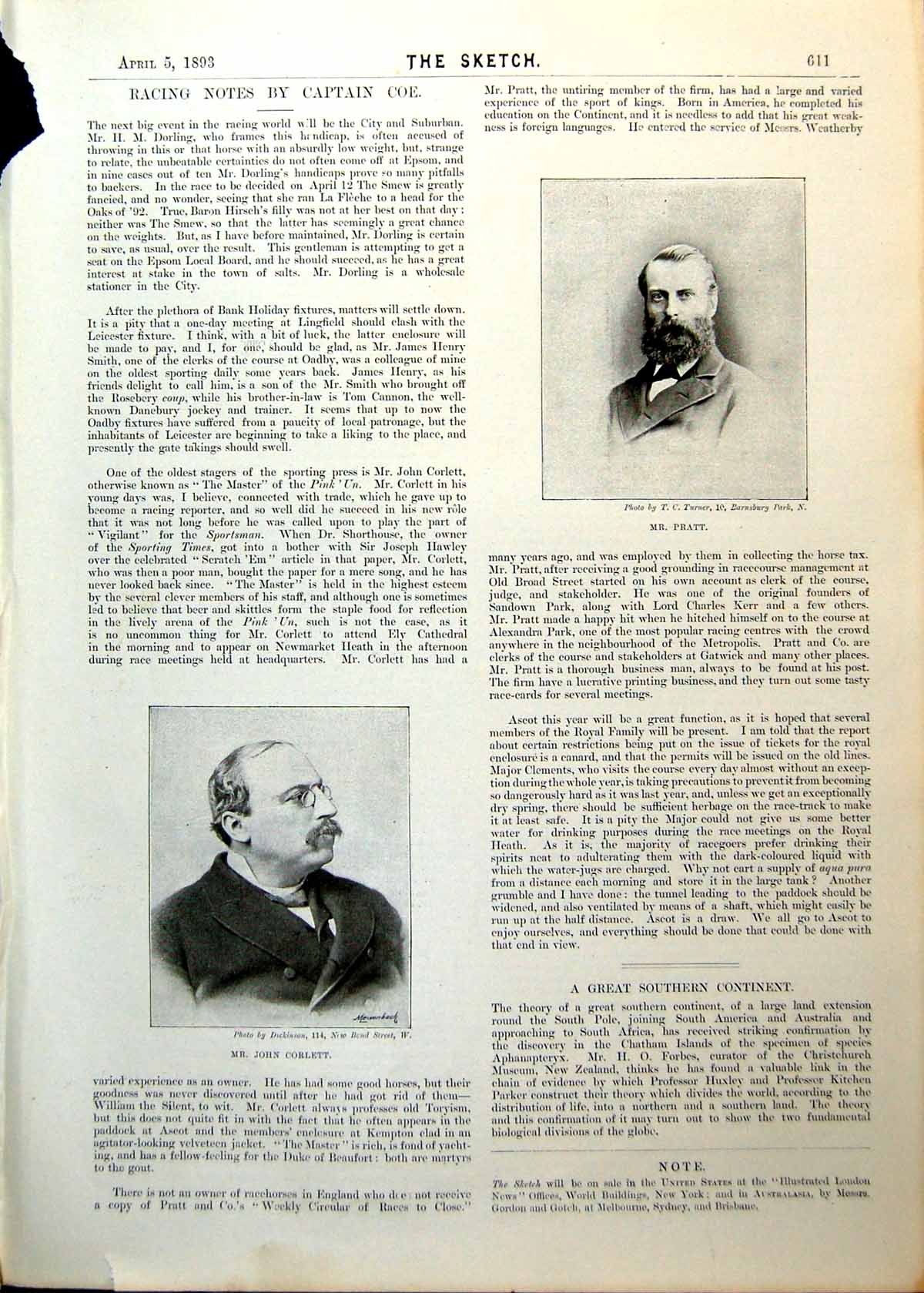 Old Antique Print Racing Notes Mr John Corlett Mr Pratt Sandown Park 1893 19th
