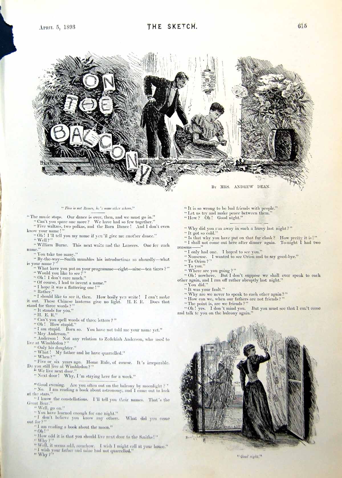 Old Antique Print Lady Gentleman Balcony Drapes Romantic Encounter 1893 19th