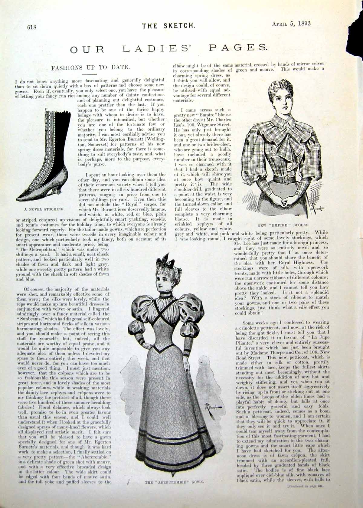 Antique Old Print Ladies Page Novel Stocking Front Detail Empire Blouse 1893