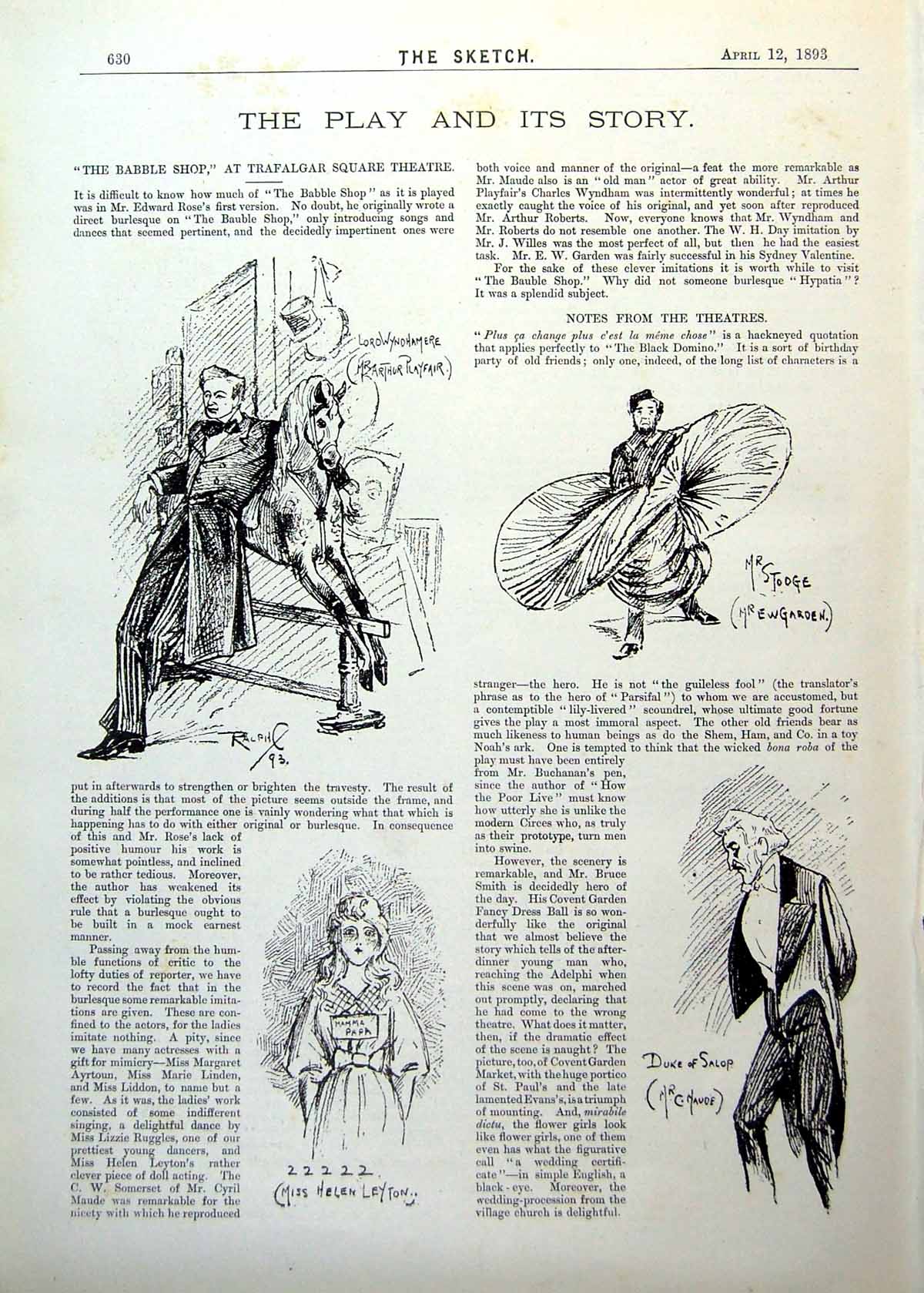 Original Old Antique Print Babble Shop Trafalgar Square Theatre Characters 1893