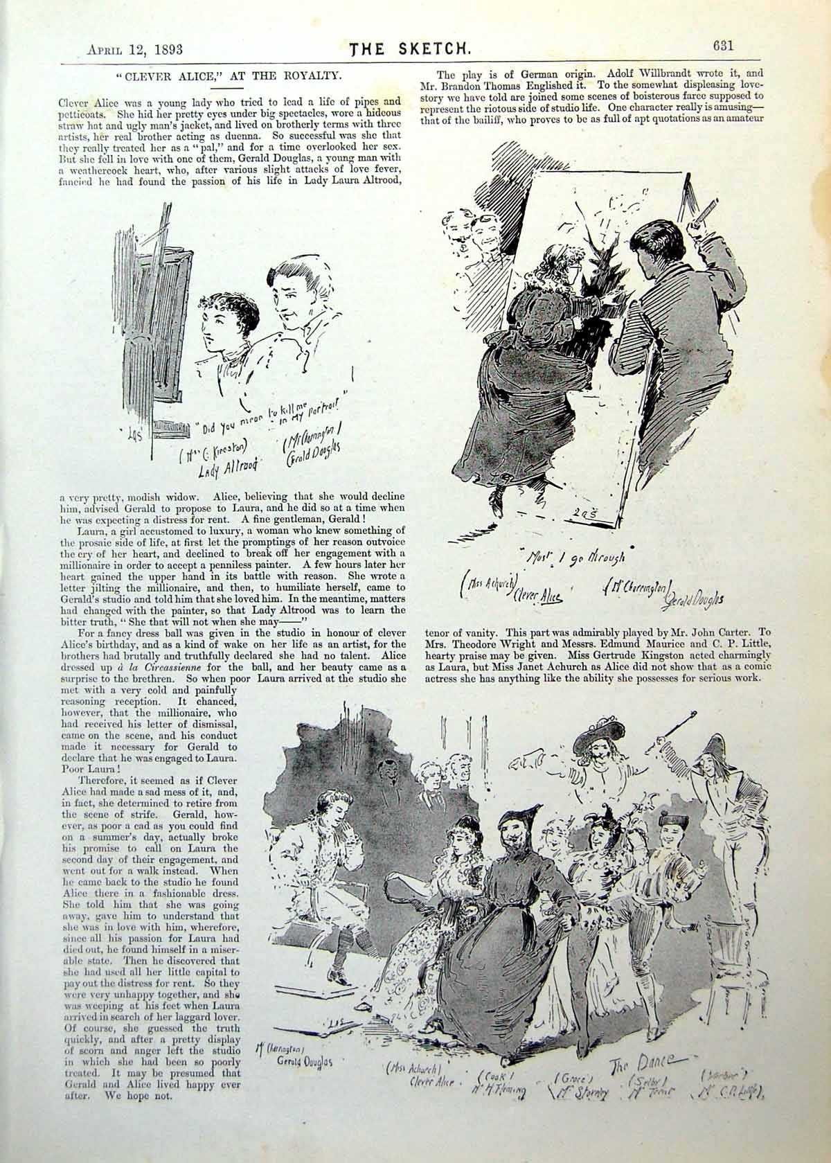 Antique Old Print Clever Alice Royalty Theatre Scenes Characters Douglas 1893
