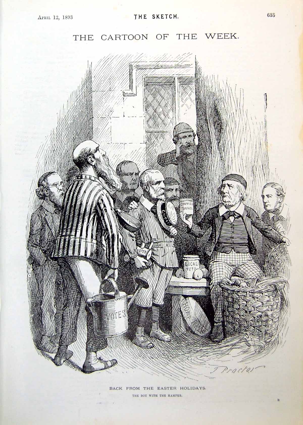 Antique Old Print Cartoon Back From Easter Holidays Boy Hamper Home Rule 1893