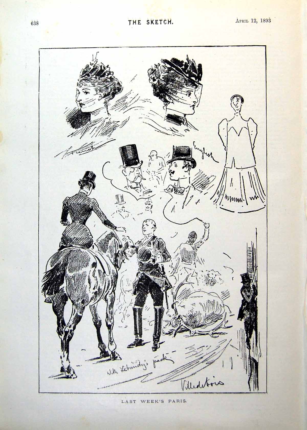 Antique Print Last Week'S Paris Hats Ladies Gents Lady Sidesaddle Deer 1893