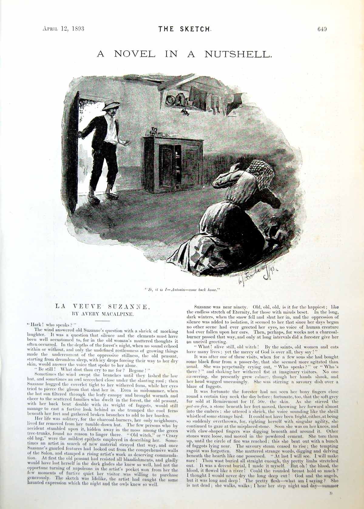 Antique Old Print Brief Novel Woman Floor Man Returns Puts Coins Table 1893
