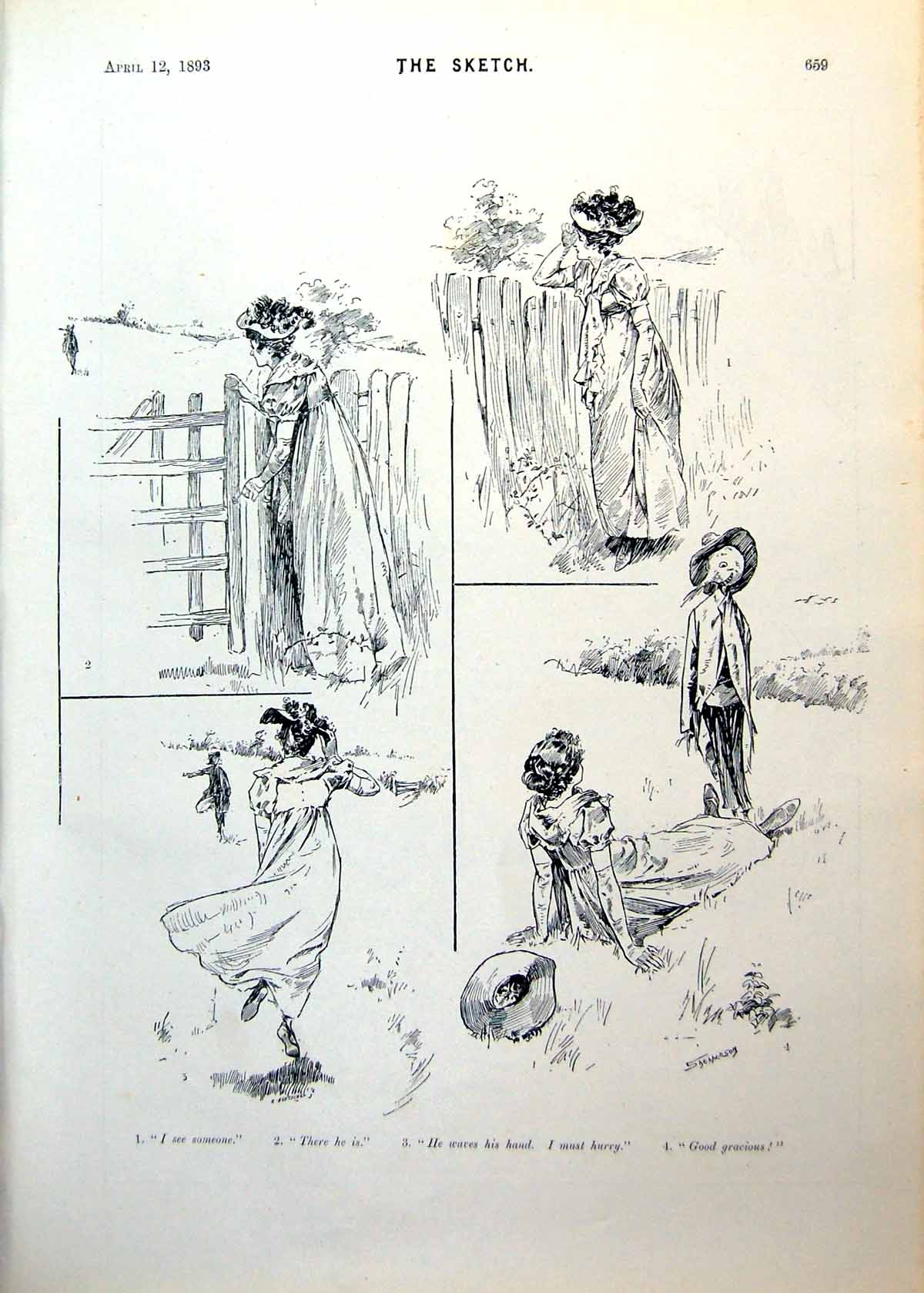 Antique Print Woman Sees Man Field Hurries Over Scarecrow Polar Bear 1893 19th