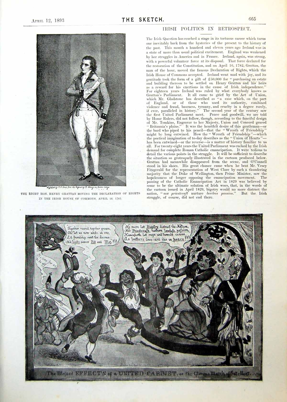 Old Print Right Hon Henry Grattan Irish Politics Retrospect Cartoon 1893 19th