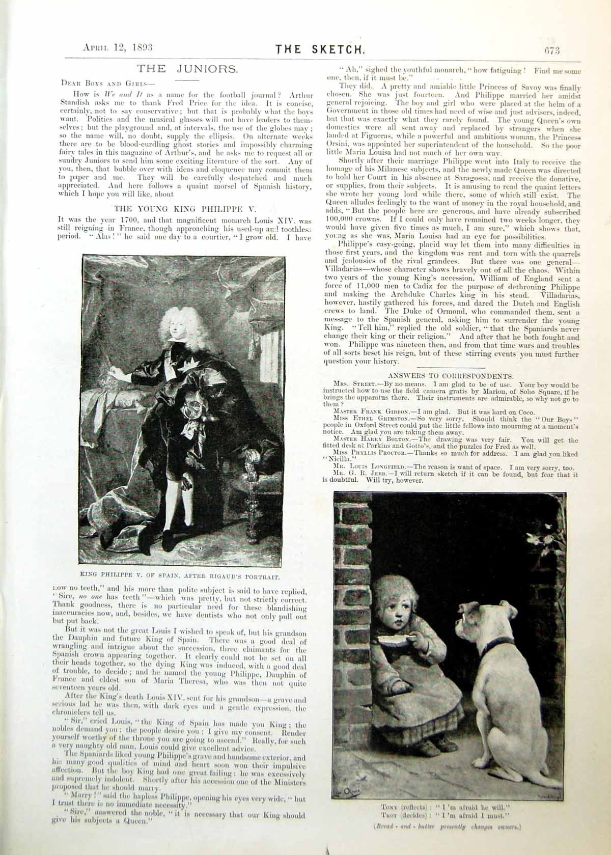 Old Print King Philippe V Spain Child Dog Miss Sheffield Trousseau 1893 19th