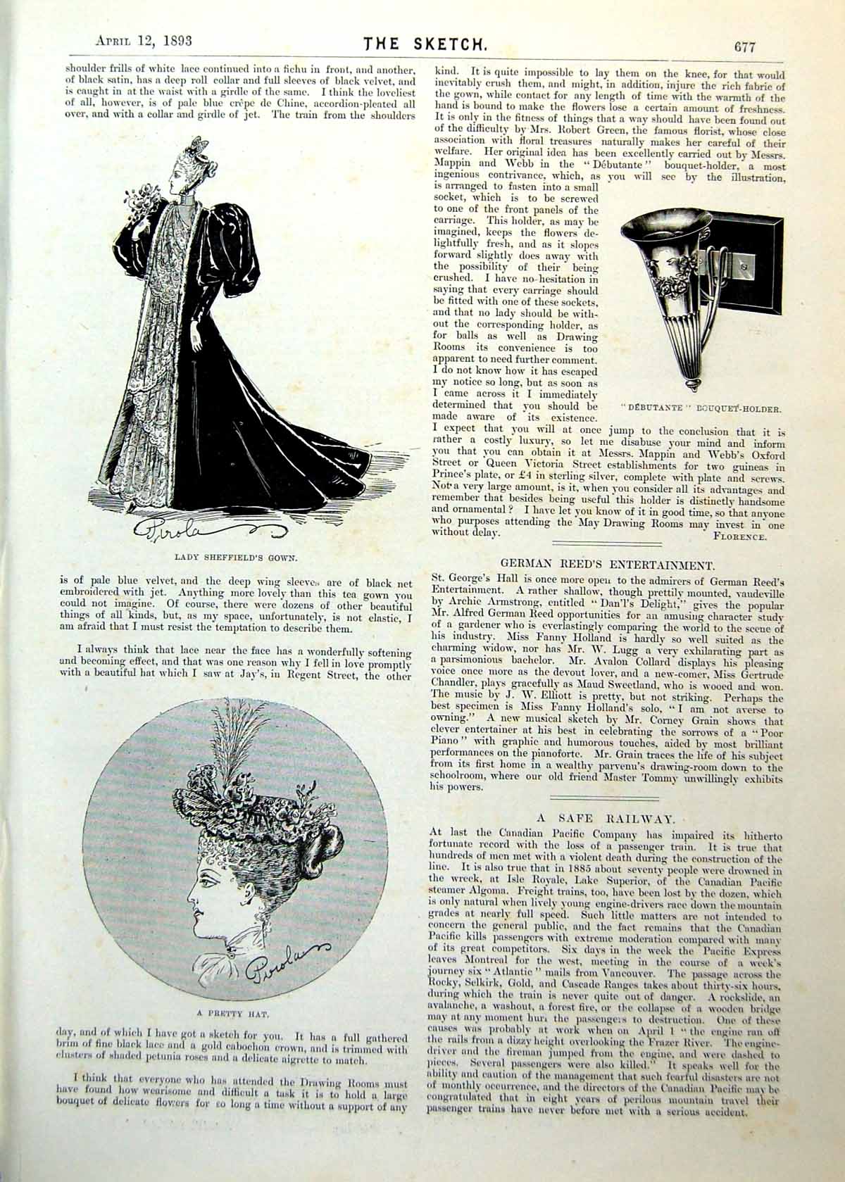 Original Old Antique Print Debutante Bouquet Her Lady Sheffield'S Gown Hat 1893