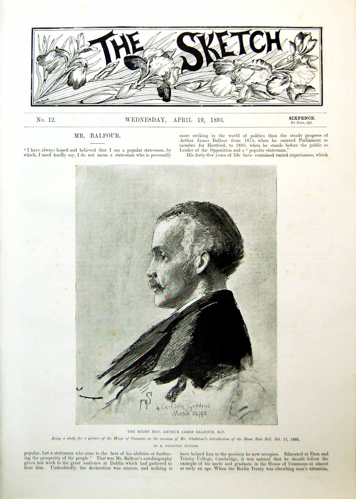 Antique Old Print Right Hon. Arthur James Balfour Study House Commons 1893 19th
