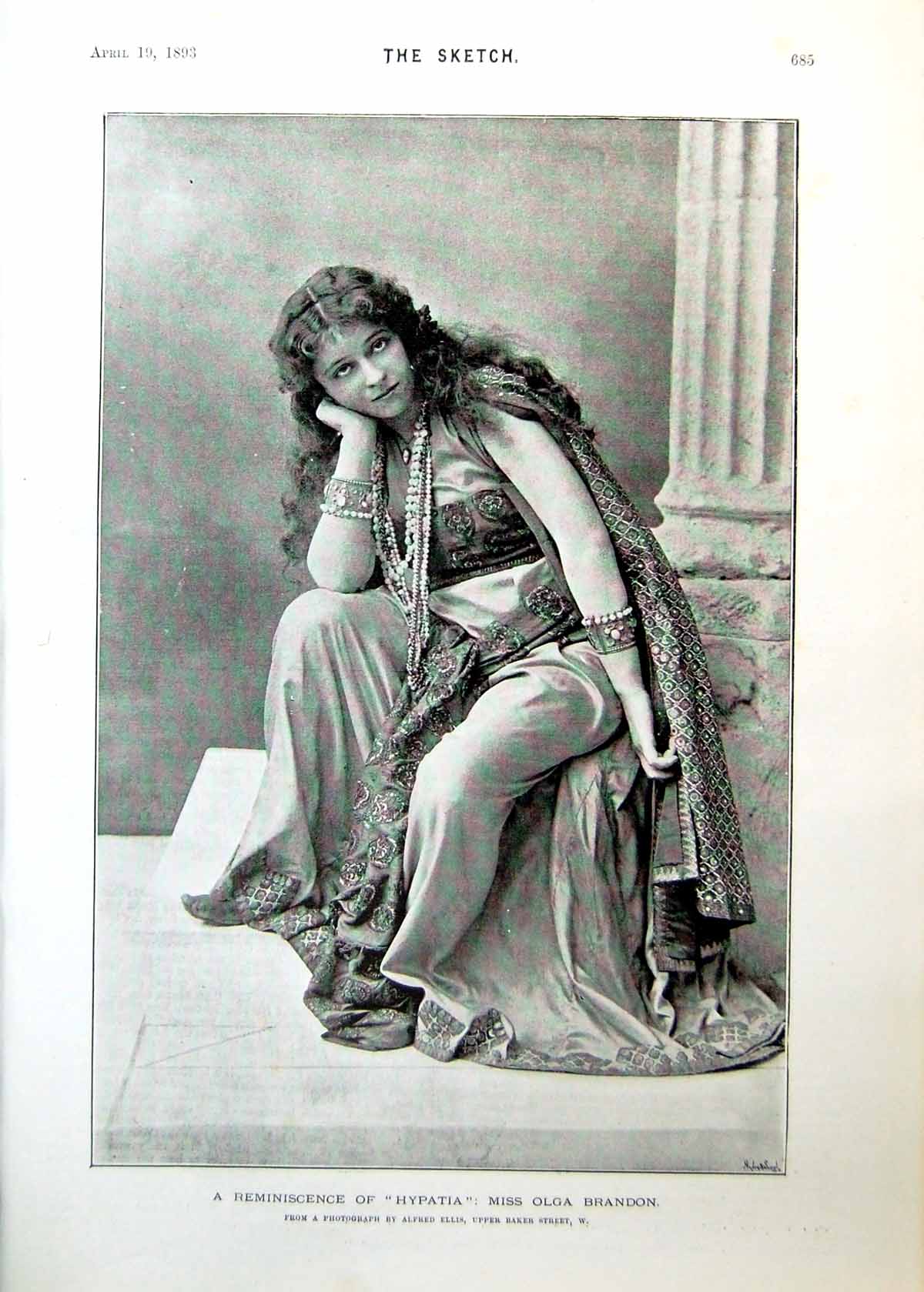 Antique Old Print Reminiscence Hypatia Miss Olga Brandon From Photograph 1893
