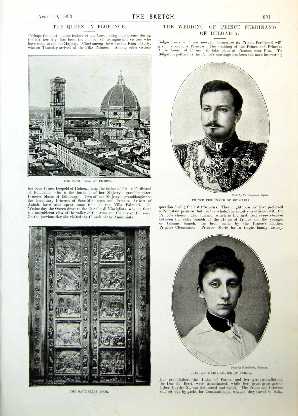 Old Antique Print Florence Cathedral Baptistry Door Prince Ferdinand 1893 19th
