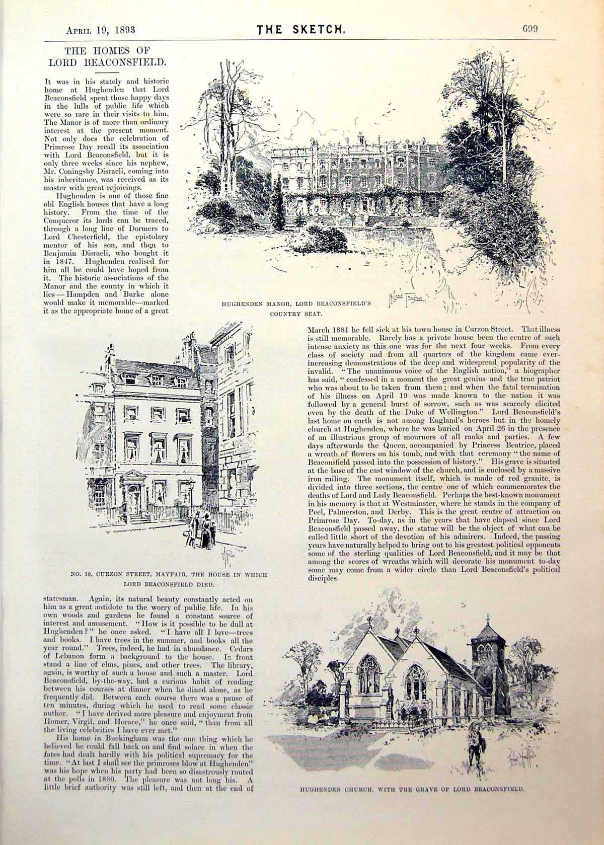 Antique Old Print Homes Lord Beaconsfield Hughenden Manor Statue Earl 1893