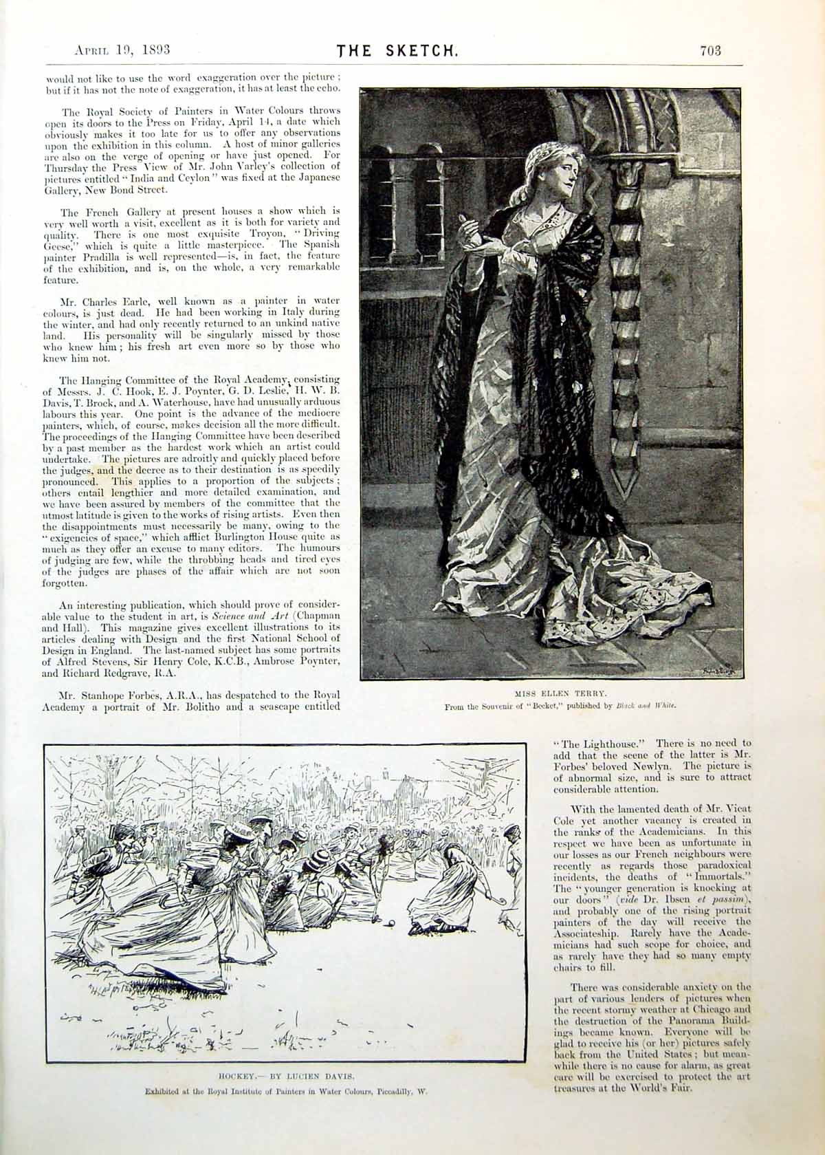 Antique Old Print Miss Ellen Terry Ladies Hockey Art Gregory Stevens 1893 19th